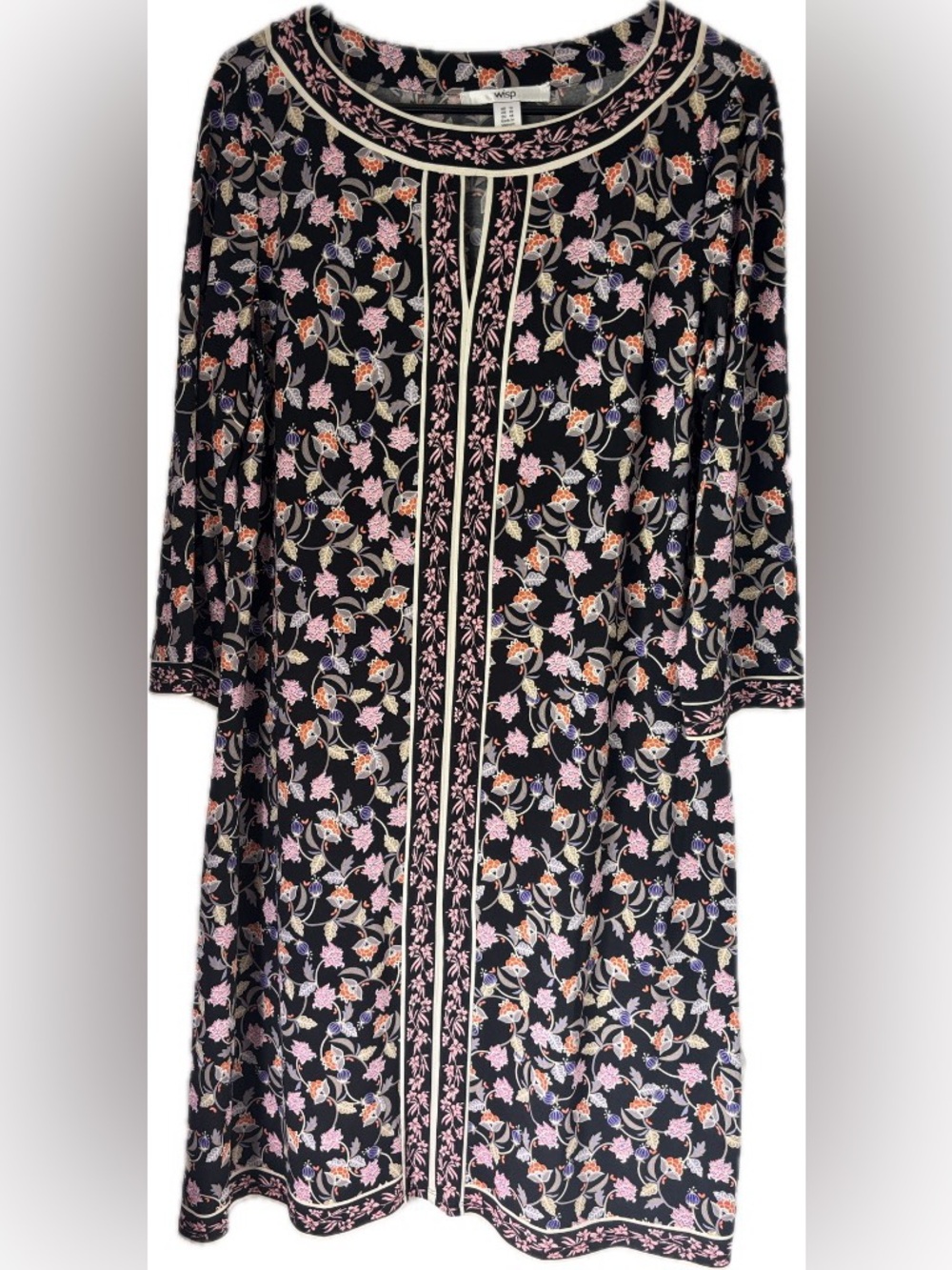 Wisp Black Floral Long-Sleeve Knee-Length Dress with Pink & Orange Accents